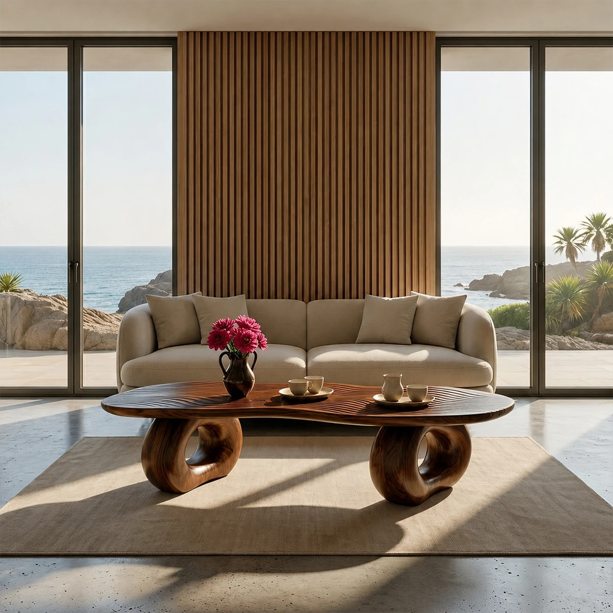 Sculptural Coffee Table with Carved Wood Surface – Artistic Center Table for Living Room