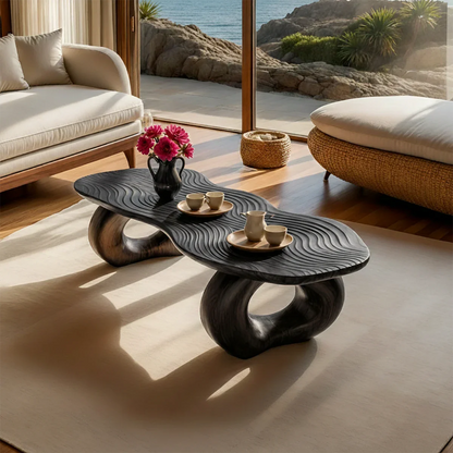 Living room coffee table with sculpted wave top and smooth curved legs for modern interiors