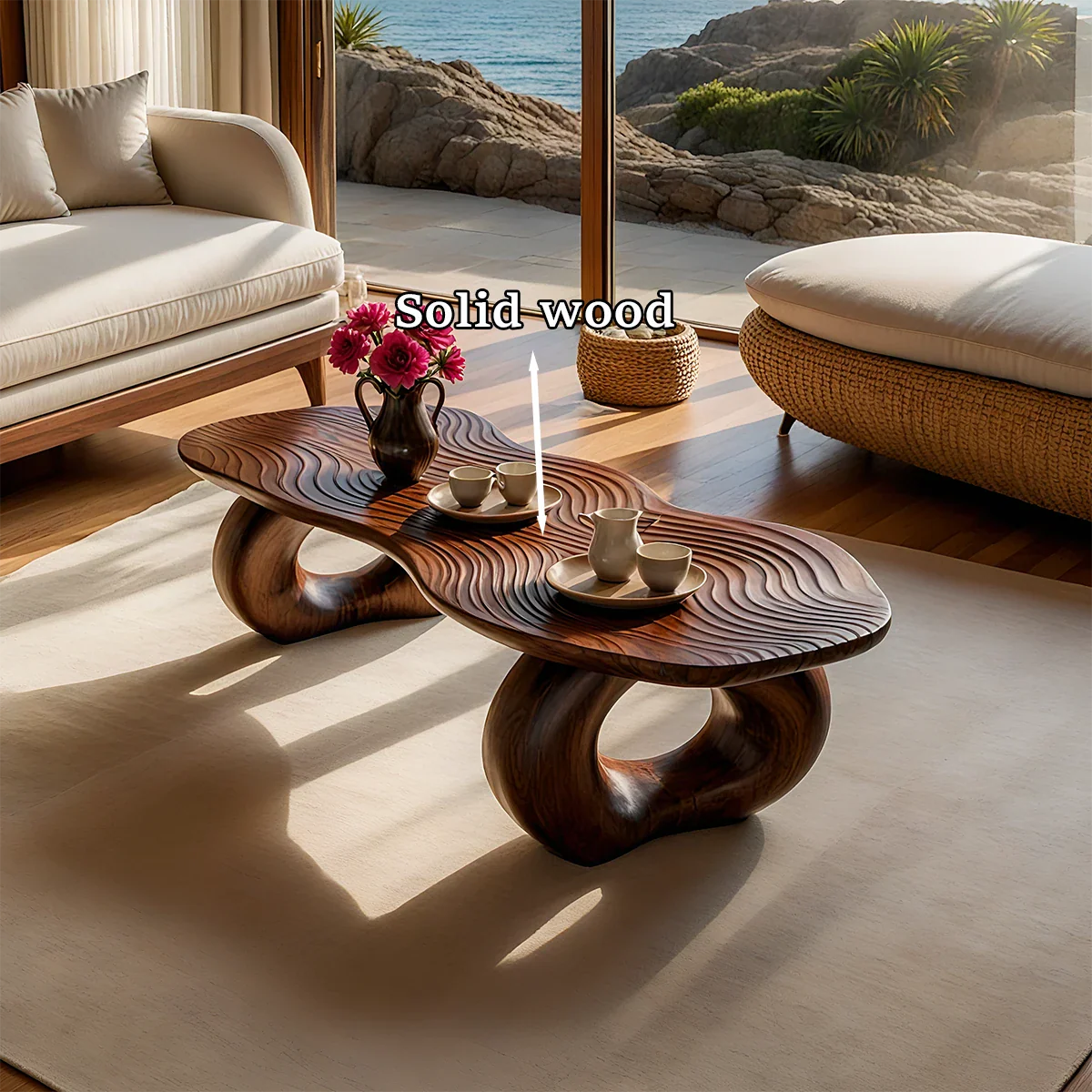 Designer coffee table with organic shape surface and solid sculptural base for daily use