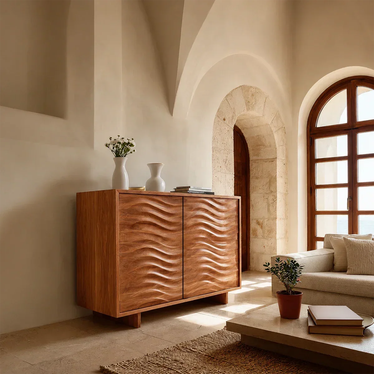 Organic Wave Sideboard Cabinet in Natural Solid Wood for Modern Interiors - ArborisWood