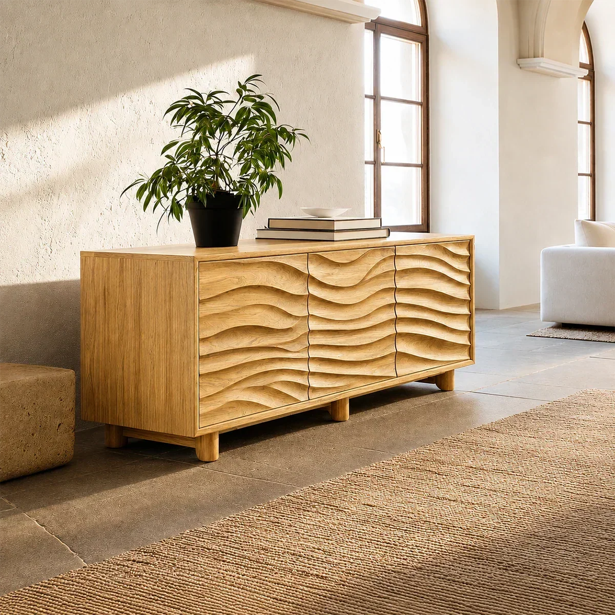Organic Wave Sideboard Cabinet in Natural Solid Wood with Sculpted Design - ArborisWood - 8