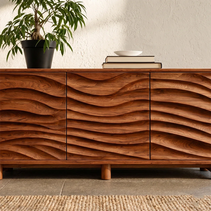 Sculptural buffet cabinet with flowing textured fronts for minimalist living room spaces