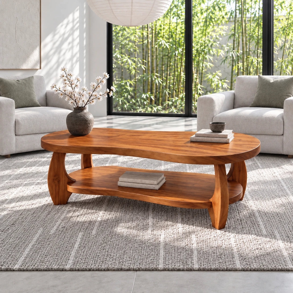 Oval Coffee Table with Live-Edge Top, Lower Shelf and Twin Curved Arch Legs - Arboriswood - 13