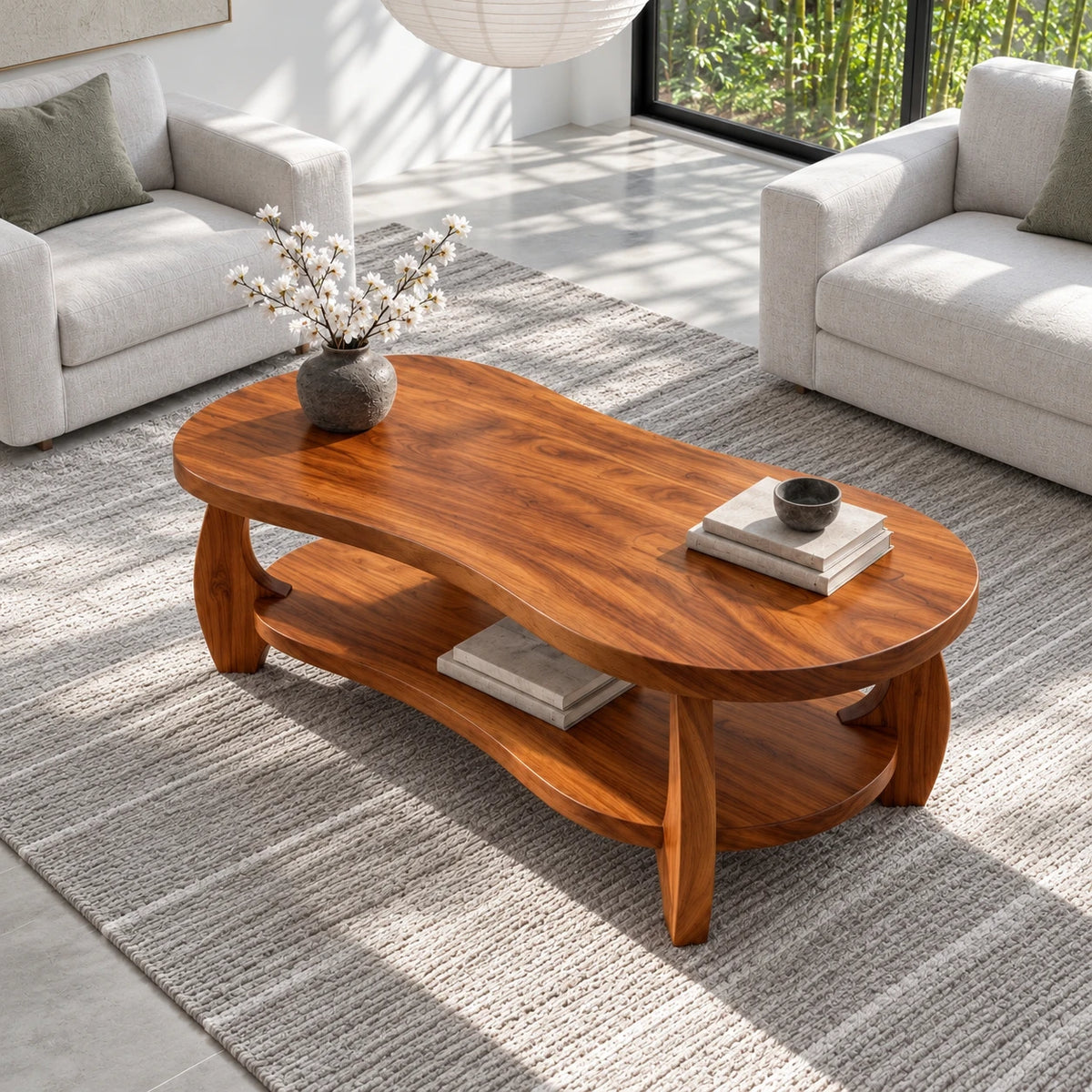 Oval Coffee Table with Live-Edge Top, Lower Shelf and Twin Curved Arch Legs - Arboriswood - 5