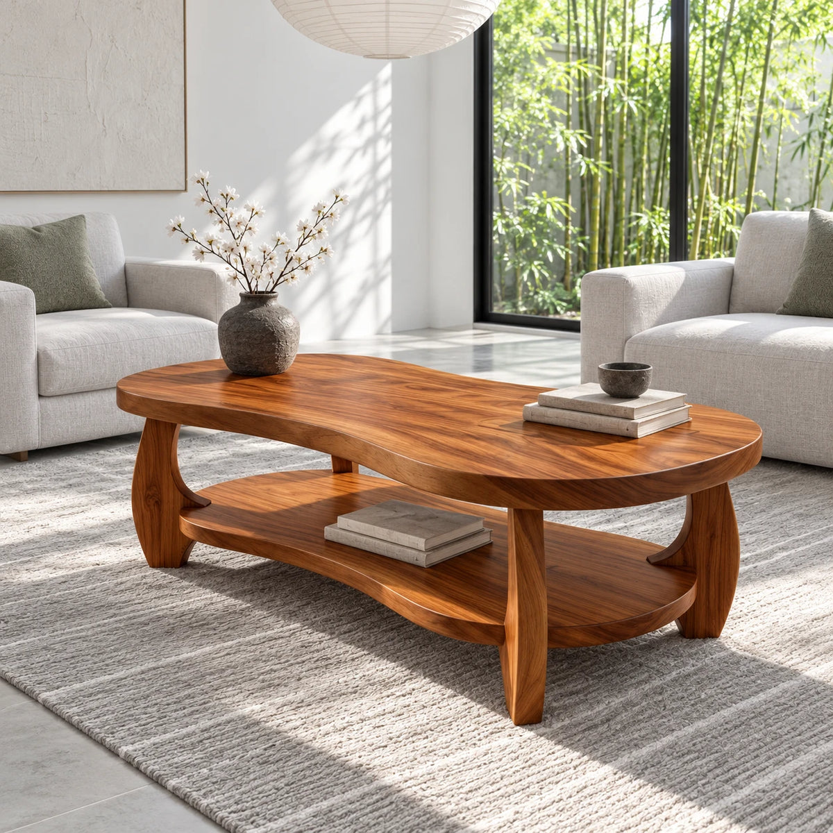 Oval Coffee Table with Live-Edge Top, Lower Shelf and Twin Curved Arch Legs - Arboriswood