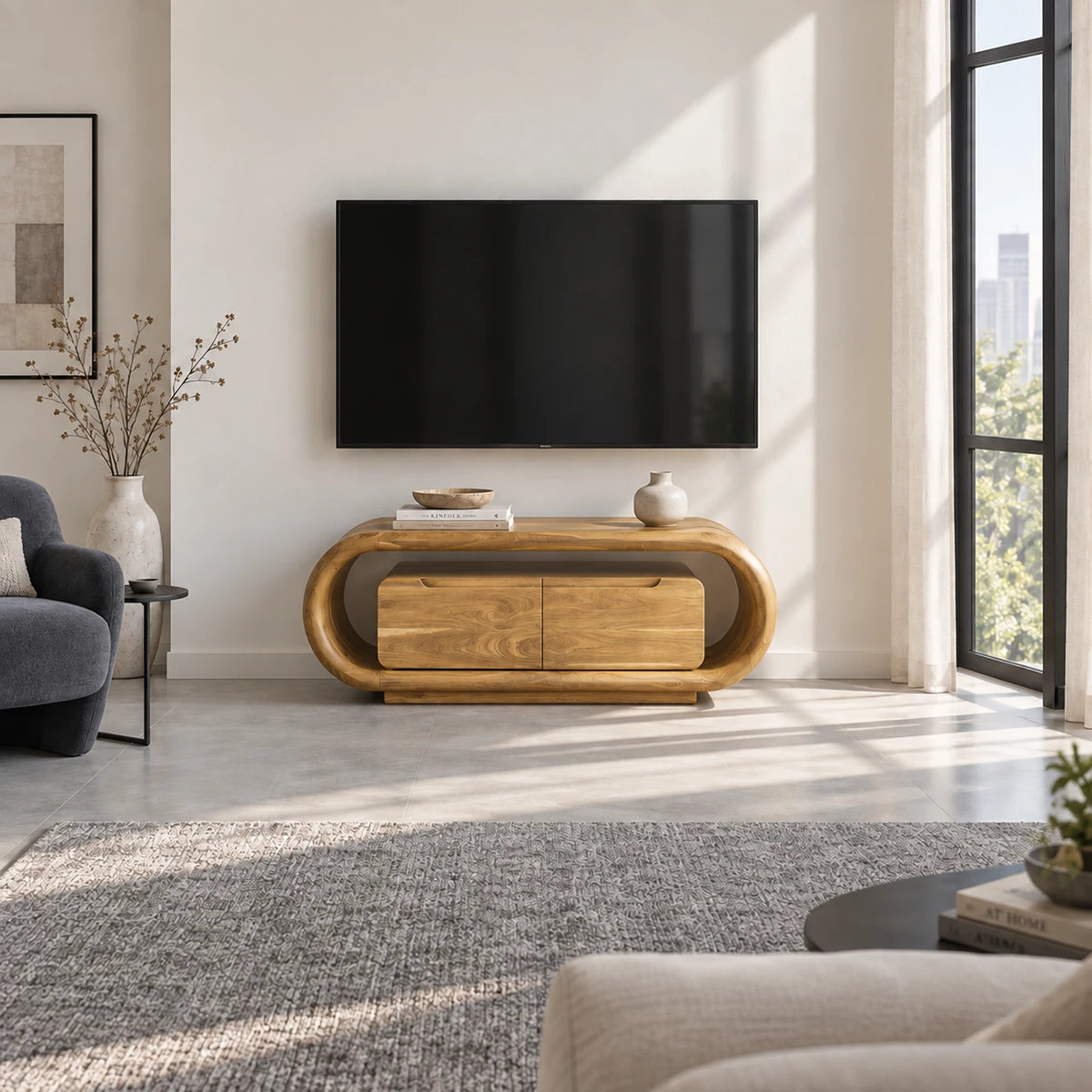 Rounded edge entertainment console in solid wood with clean lines and three doors inside

