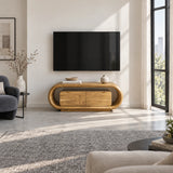 Rounded edge entertainment console in solid wood with clean lines and three doors inside
