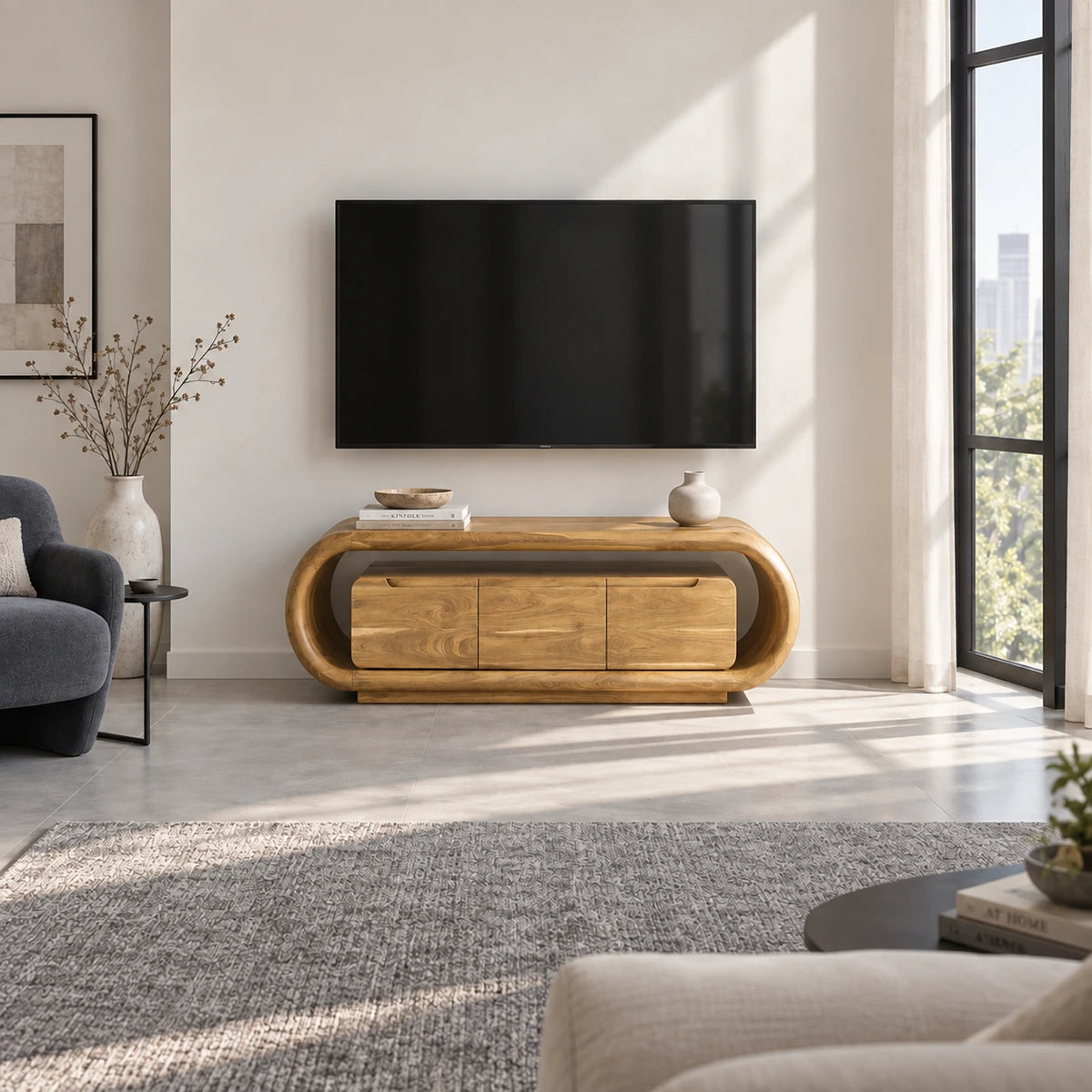 Refined media center in solid wood with an oval frame and integrated cabinet base
