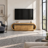 Architectural TV cabinet in solid wood with rounded sides and centered storage space
