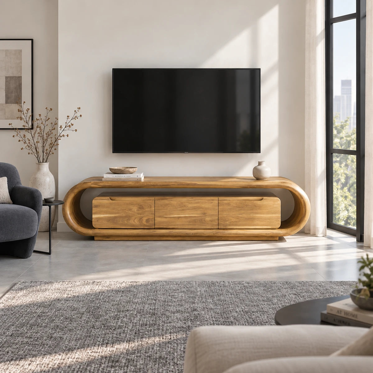 Sophisticated media console in solid wood with oval framing and three door storage