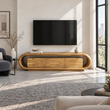 Sophisticated media console in solid wood with oval framing and three door storage