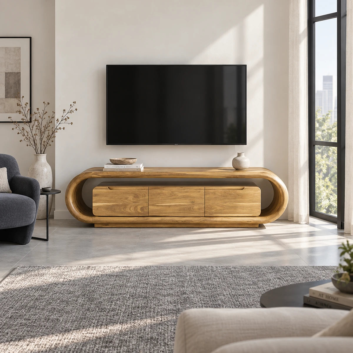 Rounded TV stand in solid wood with three doors and an open oval frame design profile
