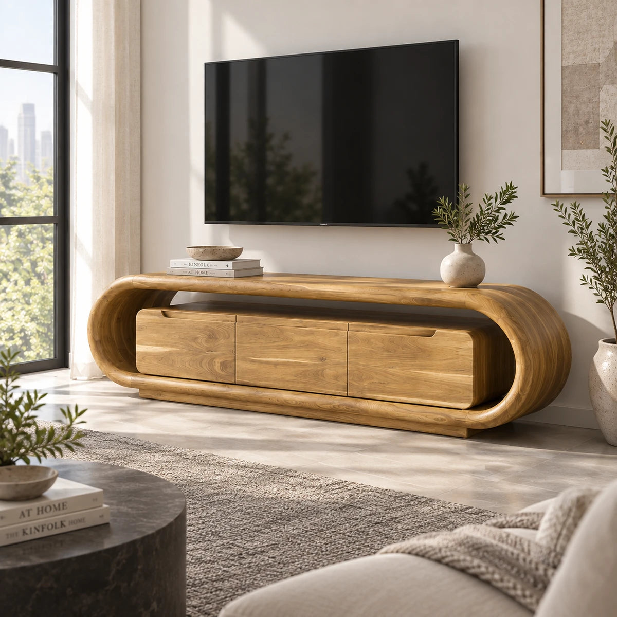 Low profile entertainment center in solid wood with rounded edges and three doors below

