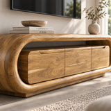 Modern TV media unit in solid wood with a smooth three door core and open frame shape
