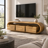 Sleek television stand in solid wood with integrated storage and oval side panels
