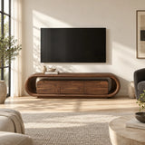 Designer entertainment unit in solid wood with curved ends and three panel doors
