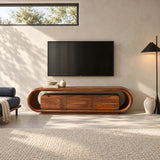 Contemporary TV console in solid wood with soft oval lines and center storage space
