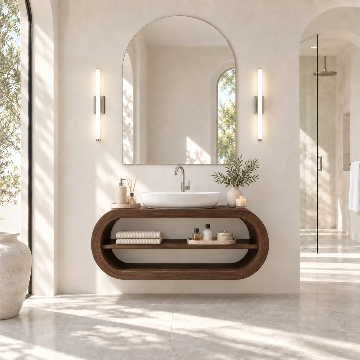 Clean lined vanity unit in natural solid wood with open shelf and curved outer frame