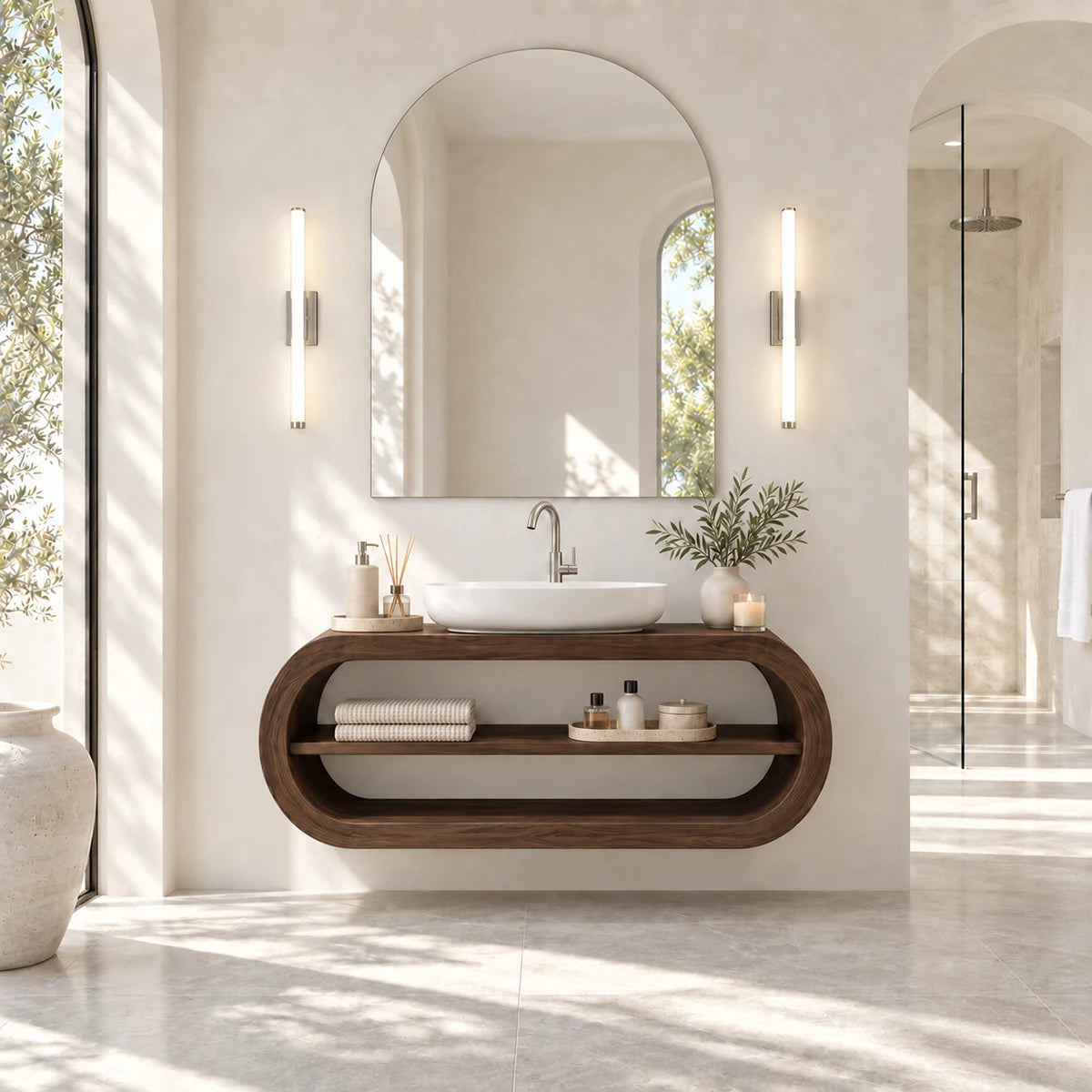 Wall hung bathroom vanity in natural solid wood with vessel sink and oval storage frame