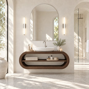 Floating bathroom vanity in natural solid wood with oval frame and open shelf storage