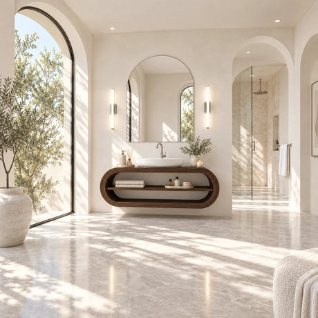 Minimalist bath vanity in natural solid wood with open storage and vessel basin above