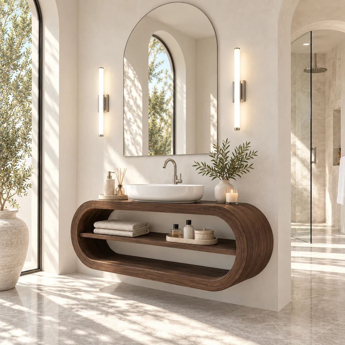 Contemporary bathroom vanity in natural solid wood with sculptural oval silhouette