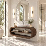 Contemporary bathroom vanity in natural solid wood with sculptural oval silhouette