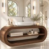 Elegant floating vanity in natural solid wood with broad shelf and rounded side ends