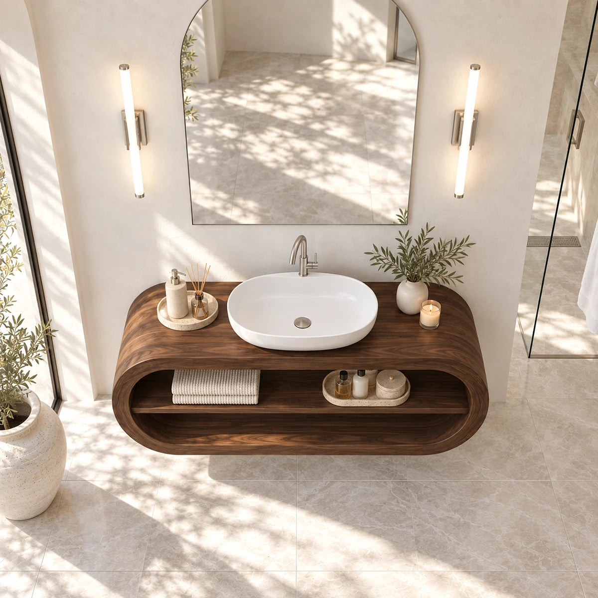 Open shelf bathroom vanity in natural solid wood with vessel sink and curved frame
