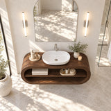 Open shelf bathroom vanity in natural solid wood with vessel sink and curved frame
