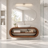Designer vanity console in natural solid wood with loop profile and open storage