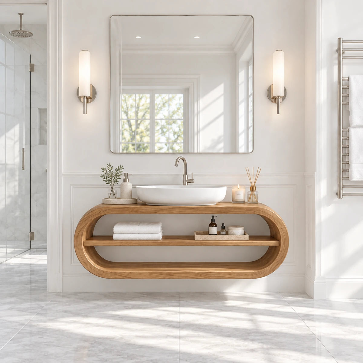 Space saving bath vanity in natural solid wood with floating form and shelf storage