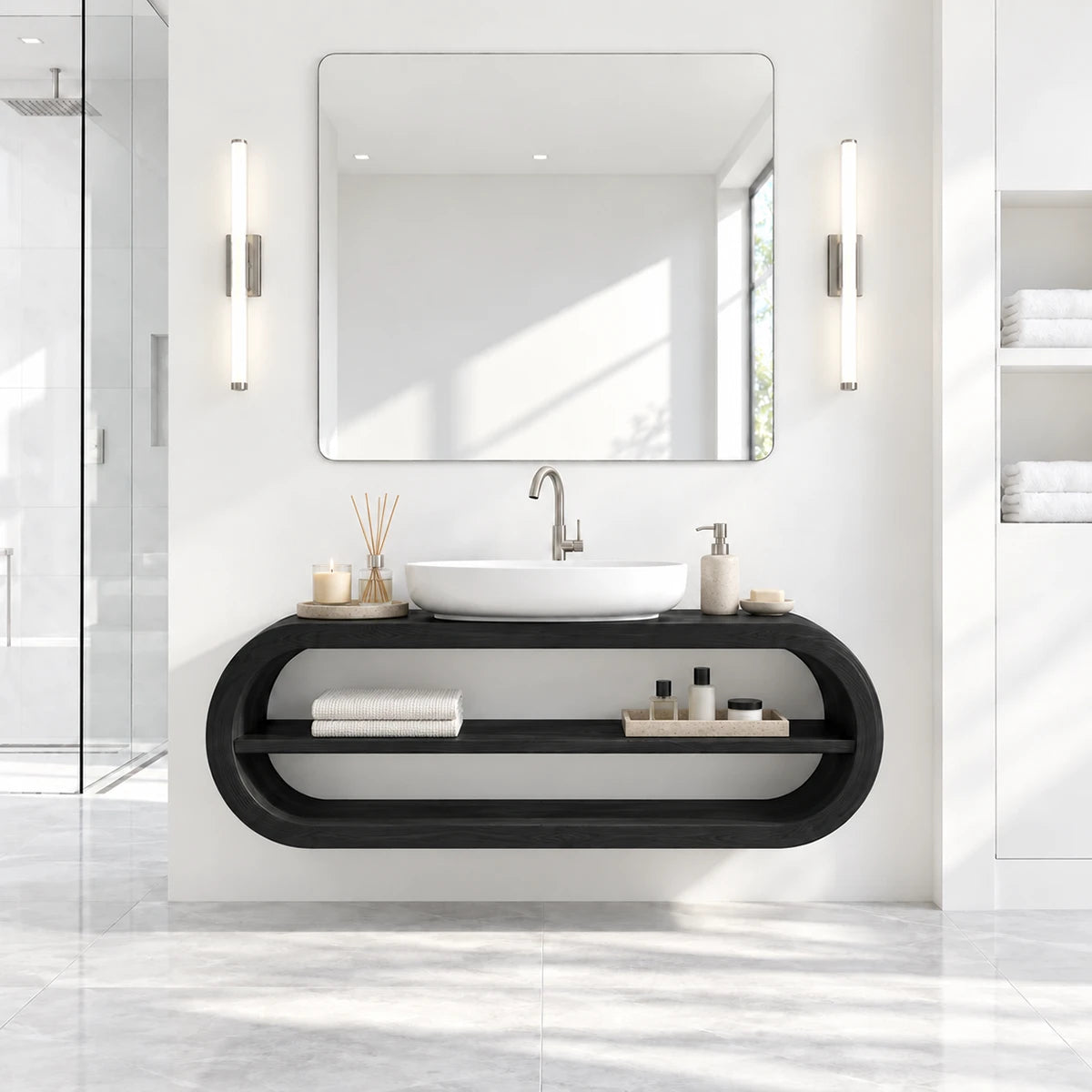 Refined bathroom vanity in natural solid wood with vessel basin and open center shelf