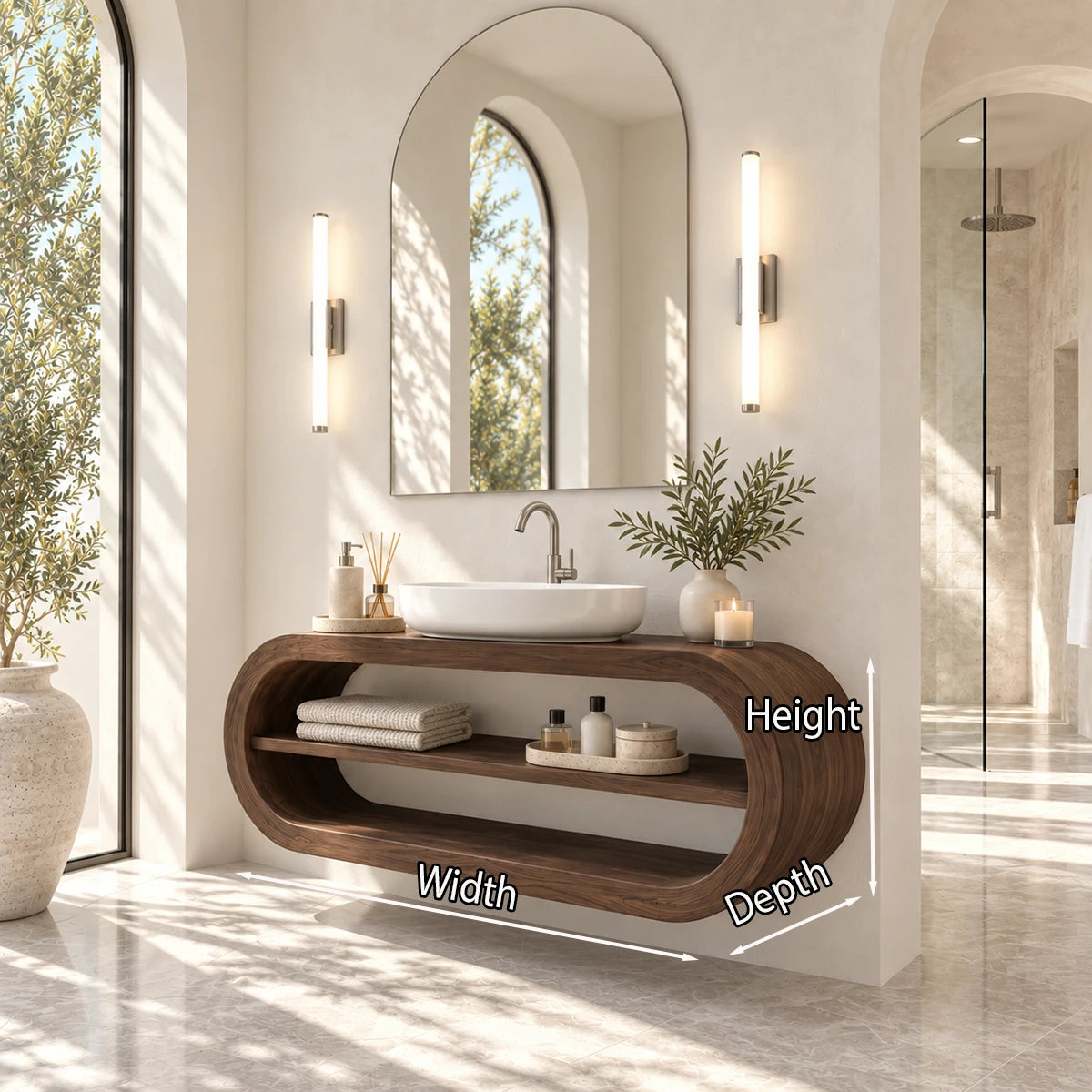 Sculptural sink vanity in natural solid wood with rounded frame and airy storage space
