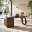 Executive desk with oval open support and three drawers in a refined home office setting