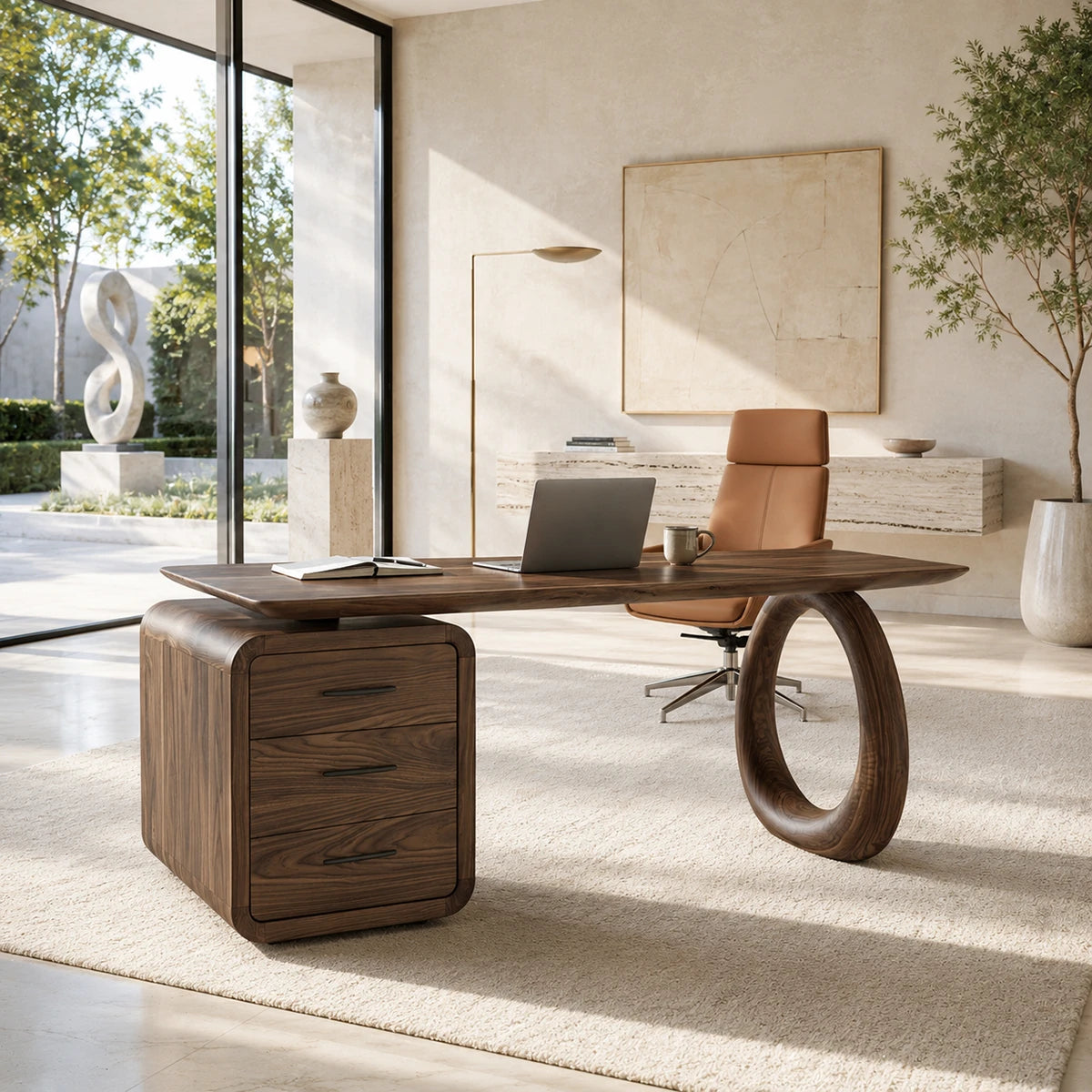 Executive desk with oval open support and three drawers in a refined home office setting