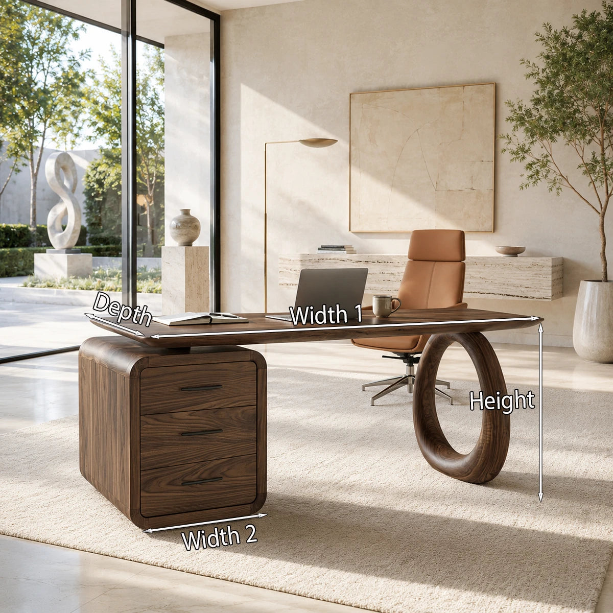Contemporary desk balances open legroom and integrated storage in an airy workspace