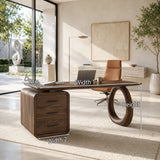 Contemporary desk balances open legroom and integrated storage in an airy workspace