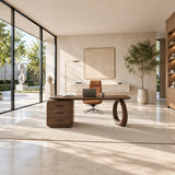 Built for focused work, this desk pairs a broad surface with practical drawer storage