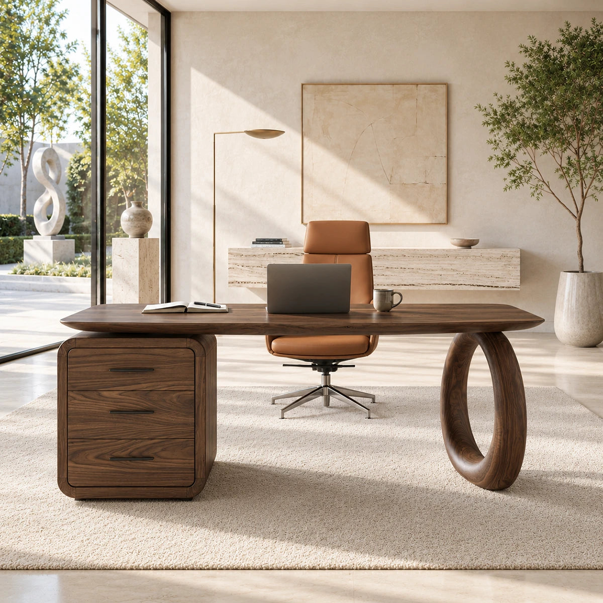A modern writing desk with sculptural leg detail and generous space for daily tasks