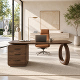 A modern writing desk with sculptural leg detail and generous space for daily tasks