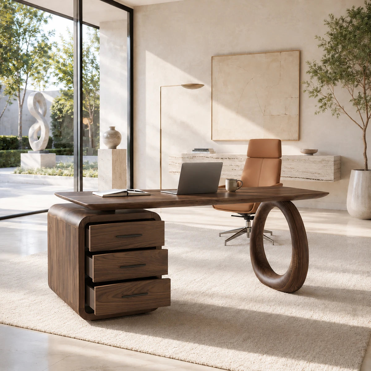Home office desk with rounded drawer pedestal and open support for a clean workspace