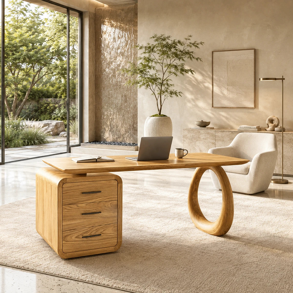 With a sculptural open leg, this desk adds visual interest to a bright office interior