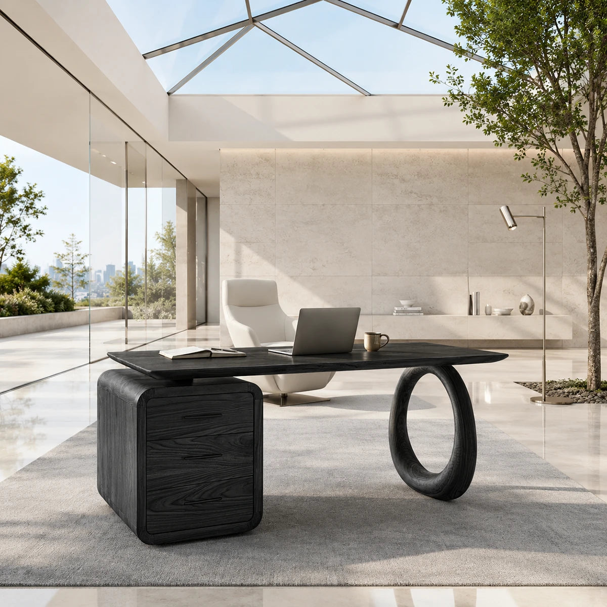 Large work desk with spacious top and built in drawers for organized home office use