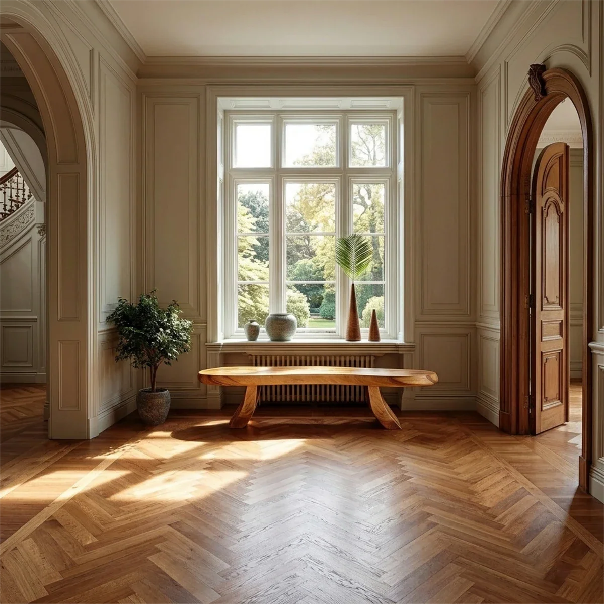 Modern hallway bench showcasing rounded oval slab design and refined oak tone finish detail