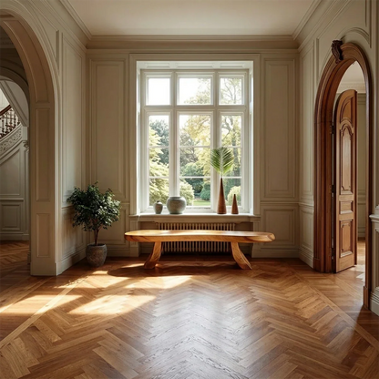 Modern hallway bench showcasing rounded oval slab design and refined oak tone finish detail