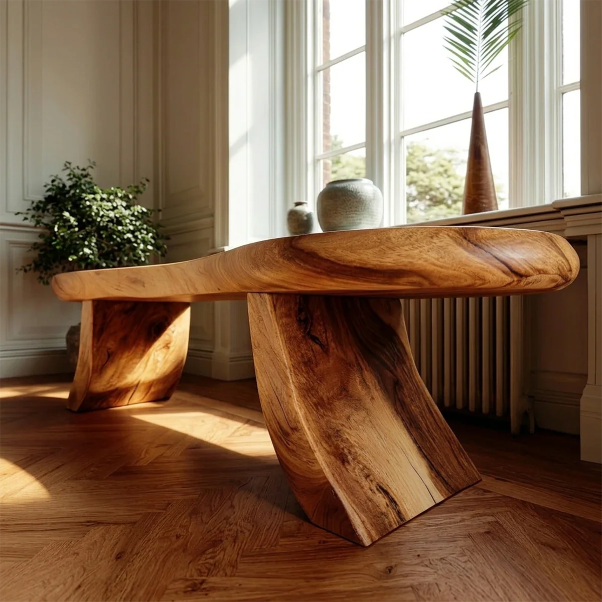 Elegant entryway seating bench designed with elongated oval profile and oak tone finish