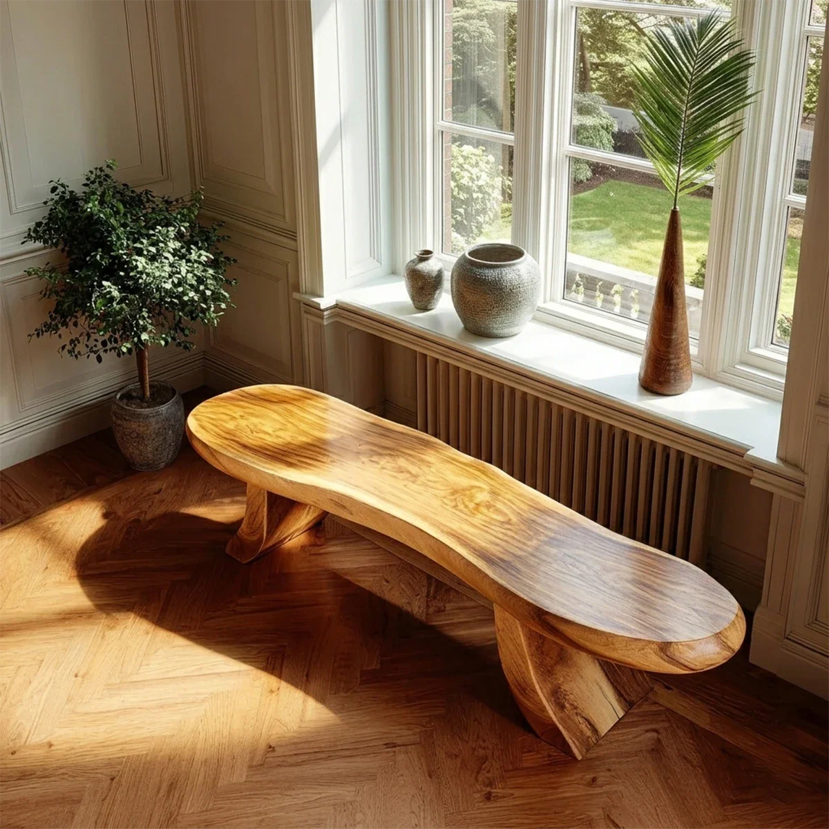 Contemporary hallway bench displaying sculptural oval form and polished oak tone finish