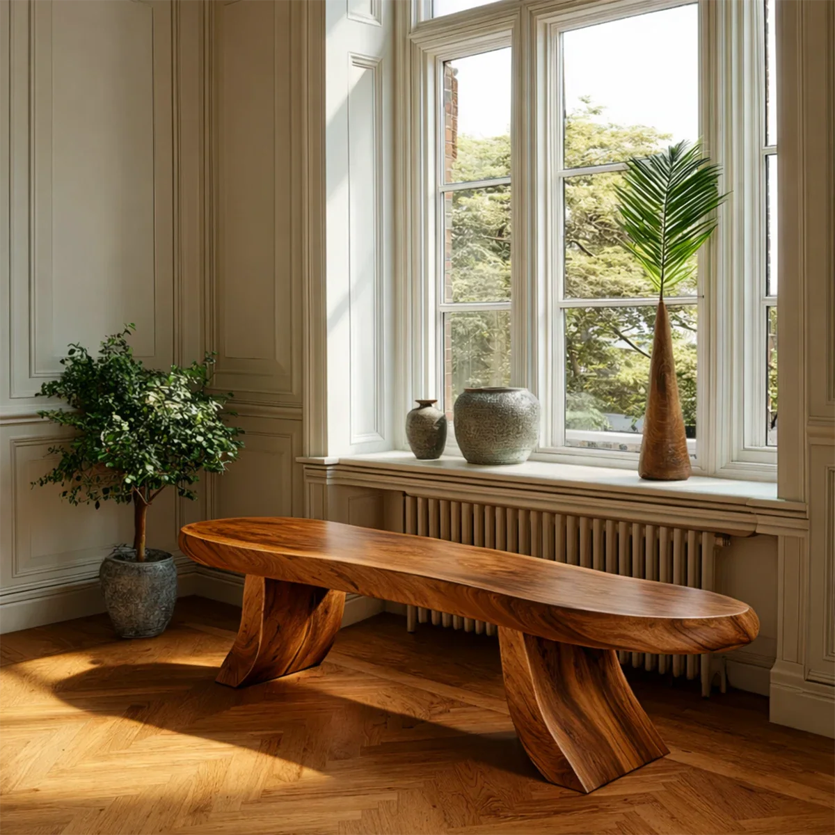 Minimalist entry bench featuring curved oval seat styling and smooth brown tone finish