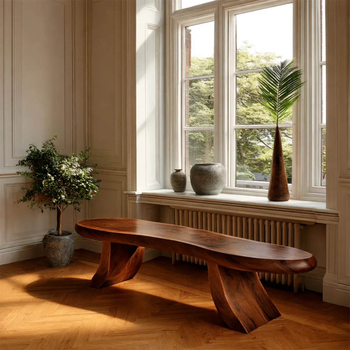 Japandi style hallway bench showcasing organic oval silhouette and refined walnut tone finish
